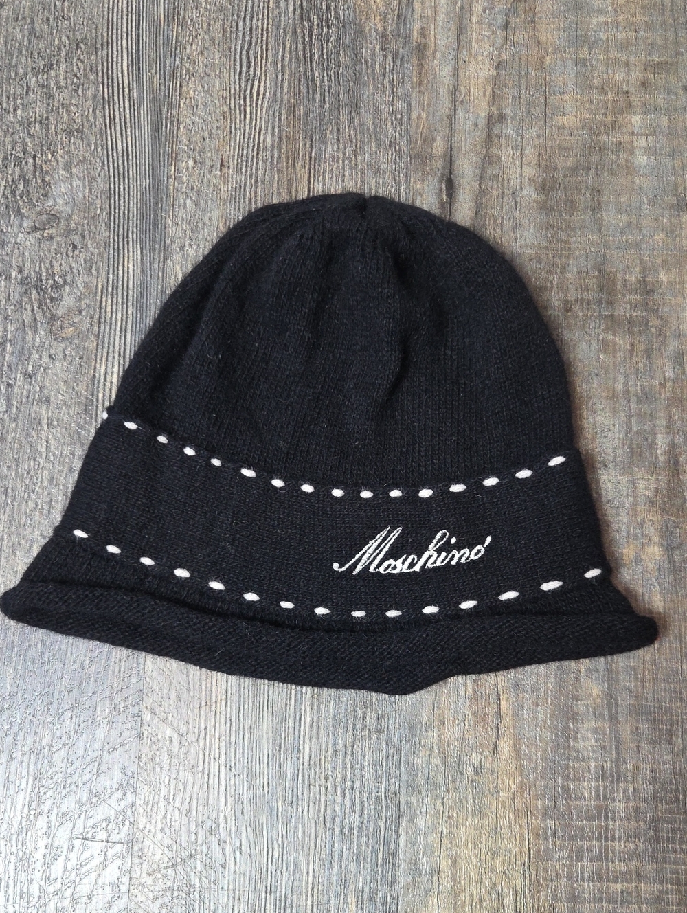 Moschino Black Knit Bucket Hat with White Stitching and Logo